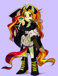 Size: 616x809 | Tagged: safe, artist:hisshi shoujo, adagio dazzle, sunset shimmer, anthro, g4, blue background, blushing, carrying, cigar, duo, female, lesbian, pirate, pirate sunset, pixiv, shimmer me timbers, ship:sunsagio, shipping, simple background, smoking