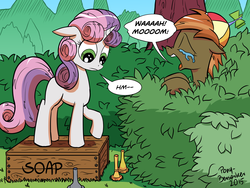 Size: 3500x2625 | Tagged: safe, artist:pony-berserker, button mash, sweetie belle, earth pony, pony, unicorn, g4, box, buttonbuse, eyes closed, floppy ears, frown, high res, literal soapbox, open mouth, pun, raised hoof, soapbox, sweetie belle hates button, visual pun