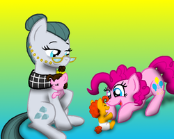 Size: 750x600 | Tagged: safe, artist:crazynutbob, cloudy quartz, pinkie pie, oc, oc:fudge fondue, oc:pizza pockets, pony, g4, baby, baby pony, colt, female, filly, foal, grandmother, grandmother and grandchild, male, mother, mother and daughter, offspring, parent:cheese sandwich, parent:pinkie pie, parents:cheesepie, playing, sleeping, twins