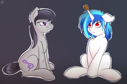 Size: 1800x1200 | Tagged: safe, artist:capseys, dj pon-3, octavia melody, vinyl scratch, earth pony, pony, unicorn, g4, backwards cutie mark, bandaid, colored pupils, cork, critical hug failure, female, floppy ears, gradient background, horn, horn guard, implied horn impalement, injured, mare, messy mane, open mouth, protection, red eyes, sitting, unicorn problems, wrong eye color