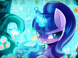 Size: 1600x1198 | Tagged: safe, artist:maren, starlight glimmer, pony, unicorn, g4, the cutie map, cutie mark vault, female, glowing horn, grin, horn, looking at you, magic, mare, s5 starlight, smiling, solo, staff, staff of sameness