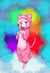 Size: 1453x2127 | Tagged: safe, artist:shinova, edit, pinkie pie, human, g4, alternate hairstyle, barely pony related, cat ears, cat tail, clothes, humanized, pajamas, stars