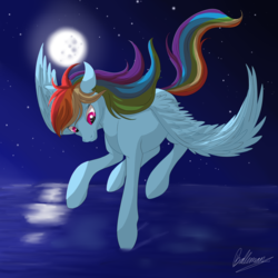 Size: 3000x3000 | Tagged: safe, artist:dreamyartcosplay, rainbow dash, pegasus, pony, g4, female, full moon, high res, looking down, mare, moon, night, signature, solo, stars, water