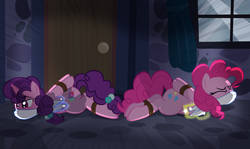 Size: 1024x611 | Tagged: safe, artist:radiantrealm, pinkie pie, sugar belle, g4, the cutie map, bondage, cloth gag, female, femsub, gag, help us, pinkiesub, rope, show accurate, struggling, submissive, sugarsub, tied up