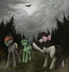 Size: 1654x1723 | Tagged: safe, artist:koviry, oc, oc only, oc:krylone, earth pony, griffon, pony, unicorn, forest, rain, spruce tree, tree