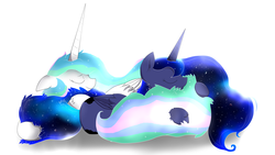 Size: 4160x2340 | Tagged: safe, artist:spacekut, princess celestia, princess luna, alicorn, pony, g4, cuddling, cute, cutelestia, ear fluff, eyes closed, female, floppy ears, hoof fluff, hug, lunabetes, mare, missing accessory, smiling, snuggling, tail hug, tail pillow