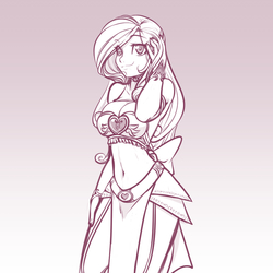 Size: 937x937 | Tagged: safe, artist:scorpdk, princess cadance, human, g4, belly button, breasts, busty princess cadance, choker, cleavage, clothes, eyebrows, eyebrows visible through hair, female, heart, humanized, loincloth, looking at you, midriff, monochrome, skirt, smiling, smiling at you, solo
