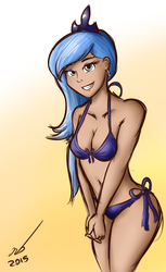 Size: 585x959 | Tagged: safe, artist:newbluud, princess luna, human, g4, belly button, bikini, breasts, clothes, female, humanized, s1 luna, smiling, solo, swimsuit