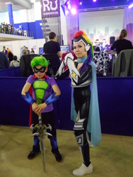 Size: 3864x5152 | Tagged: safe, artist:erinliona, rainbow dash, spike, zapp, human, rubronycon, g4, clothes, cosplay, frostmourne, humdrum costume, irl, irl human, photo, rubronycon 2015, russian