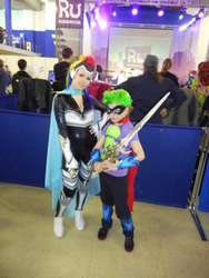 Size: 3864x5152 | Tagged: safe, artist:erinliona, rainbow dash, spike, zapp, human, g4, clothes, cosplay, frostmourne, humdrum costume, irl, irl human, photo, rubronycon, rubronycon 2015, russian