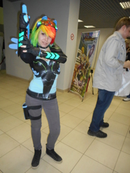 Size: 3864x5152 | Tagged: safe, artist:erinliona, rainbow dash, human, g4, 2015, alien blaster, clothes, cosplay, irl, irl human, photo, rubronycon, russian, wings