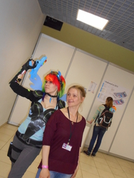 Size: 3864x5152 | Tagged: safe, artist:erinliona, rainbow dash, human, g4, 2015, alien blaster, clothes, cosplay, irl, irl human, no trigger discipline, photo, rubronycon, russian, wings