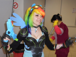 Size: 5152x3864 | Tagged: safe, artist:erinliona, rainbow dash, human, rubronycon, g4, 2015, alien blaster, clothes, cosplay, irl, irl human, no trigger discipline, photo, russian, wings