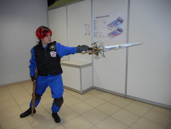 Size: 5152x3864 | Tagged: safe, artist:white_disaster, oc, oc:blackjack, human, 2015, clothes, cosplay, frostmourne, gun, irl, irl human, photo, rubronycon, rule 63, russian, shotgun, weapon
