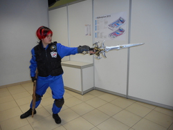 Size: 5152x3864 | Tagged: safe, artist:white_disaster, oc, oc:blackjack, human, rubronycon, 2015, clothes, cosplay, frostmourne, gun, irl, irl human, photo, rule 63, russian, shotgun, weapon