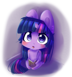 Size: 1408x1500 | Tagged: safe, artist:puffleduck, twilight sparkle, anthro, g4, anime, blushing, book, chibi, cute, reading, twiabetes