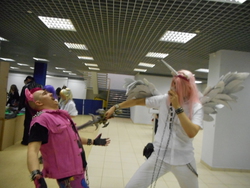 Size: 5152x3864 | Tagged: safe, artist:the white alicorn, pinkie pie, princess celestia, human, princess molestia, rubronycon, g4, 2015, clothes, cosplay, frostmourne, irl, irl human, photo, russian, stabbing