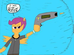 Size: 800x600 | Tagged: safe, artist:shafty817, equestria girls, g4, eared humanization, female, gun, humanized, james bond, ponied up, scootaloo dash, solo, switchmaking guns, target guns