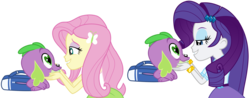 Size: 6039x2364 | Tagged: safe, hundreds of users filter this tag, fluttershy, rarity, spike, dog, equestria girls, g4, backpack, bedroom eyes, female, heart eyes, high res, love, male, ship:flutterspike, ship:sparity, shipping, show accurate, simple background, smiling, spike the dog, spikelove, straight, transparent background, vector, wingding eyes