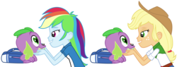 Size: 5826x2210 | Tagged: safe, hundreds of users filter this tag, applejack, rainbow dash, spike, dog, equestria girls, g4, backpack, bedroom eyes, female, heart eyes, high res, love, male, ship:applespike, ship:rainbowspike, shipping, show accurate, simple background, smiling, spike the dog, spikelove, straight, transparent background, vector, wingding eyes