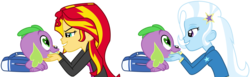 Size: 6691x2051 | Tagged: safe, hundreds of users filter this tag, spike, sunset shimmer, trixie, dog, human, equestria girls, g4, age difference, backpack, bedroom eyes, eye contact, female, grin, heart eyes, high res, love, lucky bastard, male, petting, ship:sunsetspike, shipping, show accurate, simple background, smiling, spike the dog, spikelove, spixie, straight, transparent background, vector, wingding eyes