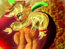 Size: 1024x768 | Tagged: safe, artist:pexxastar, applejack, earth pony, pony, g4, apple, female, silly, silly pony, solo