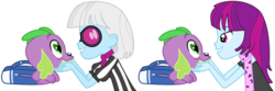 Size: 5542x1848 | Tagged: safe, hundreds of users filter this tag, mystery mint, photo finish, spike, dog, human, equestria girls, g4, age difference, background human, backpack, bedroom eyes, clothes, eye contact, female, grin, heart eyes, high res, love, lucky bastard, male, mysteryspike, petting, photospike, scarf, shipping, show accurate, simple background, smiling, spike gets all the equestria girls, spike the dog, spikelove, straight, transparent background, vector, wingding eyes