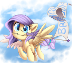 Size: 1500x1300 | Tagged: safe, artist:meotashie, oc, oc only, pegasus, :3, flying, looking at you, mouth hold, pegasus oc, smiling, smiling at you, solo, spread wings, wings