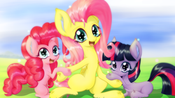 Size: 3840x2160 | Tagged: safe, artist:an-m, fluttershy, pinkie pie, twilight sparkle, g4, cute, diapinkes, filly, fluffy, high res, holding hooves, shyabetes, twiabetes