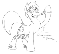 Size: 1560x1429 | Tagged: safe, artist:almar, oc, oc only, oc:anon 69, cyborg, fallout equestria, /foe/, hoof glove, hoof gloves, imminent hoofing, imminent prostate exam, implied hoofing, monochrome, pencil drawing, rubber gloves, solo, this will end with prostate examination, traditional art