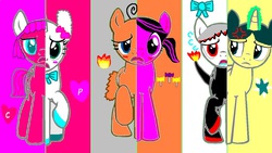 Size: 1024x576 | Tagged: safe, artist:tamagosqueeze, oc, oc only, oc:betrayus, oc:cylindria, oc:mametchi, oc:memetchi, cutie mark swap, drool, lovelitchi, oh crap, ponified, swapped cutie marks, sweatdrop, what my cutie mark is telling me