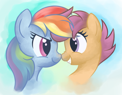 Size: 3200x2500 | Tagged: safe, artist:zapplebow, rainbow dash, scootaloo, pegasus, pony, g4, boop, cute, cutealoo, duo, head only, high res, nose wrinkle, noseboop, scootalove, scrunchy face