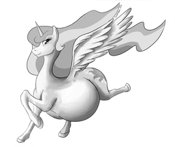 Size: 1230x1036 | Tagged: safe, artist:symplefable, princess celestia, g4, belly, female, missing accessory, monochrome, prancing, preglestia, pregnant, solo