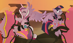 Size: 1024x601 | Tagged: safe, alternate version, artist:radiantrealm, princess cadance, twilight sparkle, alicorn, pony, tatzlwurm, g4, three's a crowd, bondage, duo, duo female, eyes closed, female, grin, group, hoof tickling, imminent vore, laughing, mare, open mouth, restrained, shivering, show accurate, sisters-in-law, smiling, spread wings, tentacle bondage, tentacle porn, tentacles, tentacles on female, this will end in tears and/or death, tickle torture, tickling, twilight sparkle (alicorn), wide eyes, wingboner