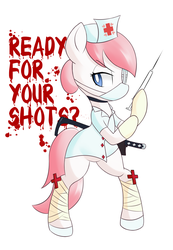 Size: 928x1344 | Tagged: safe, artist:hidden-cat, nurse redheart, pony, g4, bandage, bipedal, crossover, eyepatch, female, saw, skullgirls, solo, syringe, valentine (skullgirls)