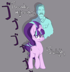 Size: 449x461 | Tagged: safe, artist:spaerk, starlight glimmer, pony, unicorn, g4, animated, communism in the comments, female, frown, glare, japanese, jojo's bizarre adventure, josef stalin, looking at you, mare, menacing, raised hoof, stalin glimmer, stand, ゴ ゴ ゴ