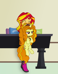 Size: 4589x5853 | Tagged: safe, artist:mit-boy, adagio dazzle, sunset shimmer, pony, unicorn, equestria girls, g4, absurd resolution, adagio dazzle is not amused, boots, cute, duo, equestria girls ponified, eyes closed, happy, holding a pony, ponified, scrunchy face, shimmerbetes, shoes, unamused, unicorn adagio dazzle, vector