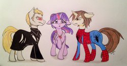 Size: 1024x531 | Tagged: safe, artist:ameliacostanza, twilight sparkle, alicorn, earth pony, pony, unicorn, spiders and magic: rise of spider-mane, g4, albert wesker, crossover, crossover shipping, gem, male, marvel vs capcom 3, necklace, peter parker, ponified, resident evil, ruby, spider-man, spiders and magic ii: eleven months, spiders and magic iii: days of friendship past, spiders and magic: capcom invasion, spidertwi, traditional art, twilight sparkle (alicorn)
