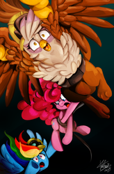 Size: 900x1373 | Tagged: safe, artist:shivall, gilda, pinkie pie, rainbow dash, griffon, g4, the lost treasure of griffonstone