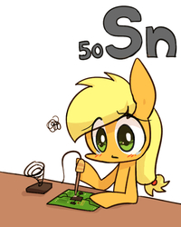 Size: 800x1000 | Tagged: safe, artist:joycall6, part of a set, applejack, earth pony, pony, series:joycall6's periodic table, g4, blushing, chemistry, circuit board, electronics, eye clipping through hair, female, hatless, hoof hold, missing accessory, pcb, periodic table, solder, soldering, soldering iron, solo, stannum, teary eyes, tin
