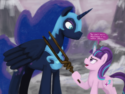 Size: 1280x969 | Tagged: safe, artist:unsavorydom, nightmare moon, starlight glimmer, alicorn, pony, unicorn, g4, egalitarianism, hoof hold, magic, mlpgdraws, s5 starlight, staff, staff of sameness, sweat, sweatdrop, this will end in death, this will end in pain, this will not end well, you can't have a nightmare if you never dream