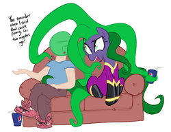 Size: 1113x853 | Tagged: safe, artist:shoutingisfun, mane-iac, oc, oc:anon, human, g4, annoyed, anon's couch, bunny slippers, clothes, couch, cute, mlpgdraws, pepsi, poking, prehensile mane, soda