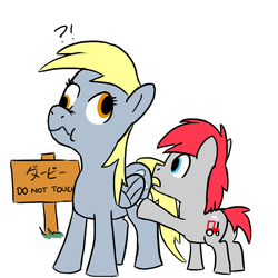 Size: 800x800 | Tagged: safe, artist:unsavorydom, derpy hooves, train tracks (g4), pegasus, pony, g4, breaking the law, butt, female, japanese, mare, plot, scrunchy face, sign, touch