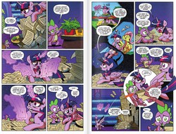 Size: 1211x927 | Tagged: safe, artist:brenda hickey, idw, official comic, fluttershy, spike, twilight sparkle, alicorn, dragon, pony, friends forever #17, g4, my little pony: friends forever, spoiler:comic, comic, female, idw advertisement, magic, magic aura, male, mane bite, mare, paperwork, preview, speech bubble, telekinesis, twilight sparkle (alicorn)