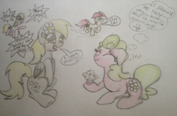 Size: 2340x1536 | Tagged: artist needed, safe, daisy, derpy hooves, flower wishes, lily, lily valley, roseluck, pegasus, pony, g4, slice of life (episode), alternate scenario, derisy, female, flower, flower trio, mare, muffin, rush, traditional art