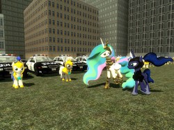 Size: 1024x768 | Tagged: safe, artist:sonic5421, princess celestia, princess luna, g4, 3d, car, gmod, need for speed, need for speed: most wanted, police, police car, royal guard, royal sisters