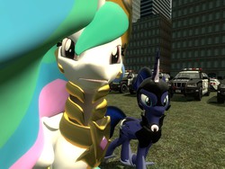 Size: 1024x768 | Tagged: safe, artist:sonic5421, princess celestia, princess luna, g4, 3d, car, gmod, looking at you, need for speed, need for speed: most wanted, police, police car, royal sisters