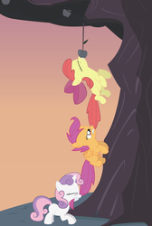 Size: 3358x5000 | Tagged: safe, screencap, apple bloom, scootaloo, sweetie belle, earth pony, pegasus, pony, unicorn, family appreciation day, g4, absurd resolution, apple, apple tree, biting, cropped, cutie mark crusaders, female, filly, mouth hold, tail bite, tail pull, tree, zap apple tree