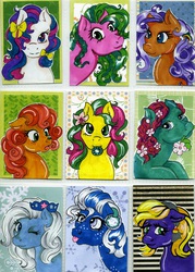 Size: 785x1095 | Tagged: safe, artist:skypinpony, abra-ca-dabra, bowtie (g3), bumblesweet (g3), crystal crown, desert blossom, gardenia glow (g3), island rainbow (g3), kiwi tart, snowflake (g3), oc, bee, earth pony, insect, pony, g3, artist trading card, bow, ear freckles, earmuffs, female, floppy ears, flower, flower in mouth, freckles, hair bow, hair over one eye, looking at you, mare, mouth hold, one eye closed, photo, smiling, smiling at you, surprised, tongue out, traditional art, wink, winking at you