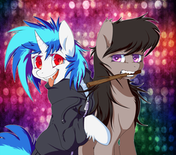 Size: 1727x1524 | Tagged: safe, artist:tobykitten, dj pon-3, octavia melody, vinyl scratch, hengstwolf, pony, unicorn, vampire, werewolf, my roommate is a vampire, g4, chest fluff, clothes, curved horn, ear fluff, fangs, female, fluffy, hoof fluff, hooves, horn, leg fluff, looking at you, mare, open mouth, red eyes, smiling, stick, teeth, tongue out, vinyl the vampire, weretavia, wolftavia